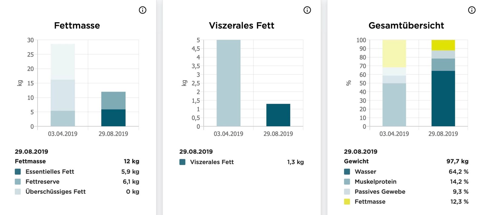 BIA-Verlaufsauswertung mit Fettmasse, viszeralem Fett und Gesamtübersicht